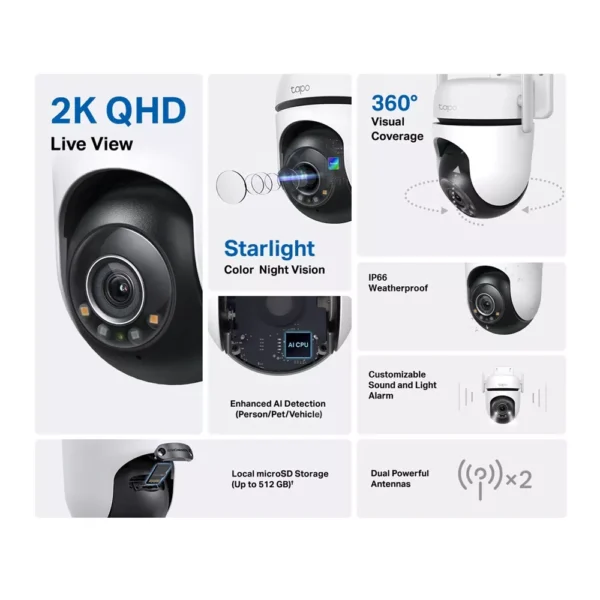 IP камера TP-LINK Tapo C520WS, 4Mpix(2560x1440@30fps), куполна Pan/Tilt камера, 3.18mm обектив, H.264, IR осветеност (до 30m), външна, IP66, Wi-Fi, microSD