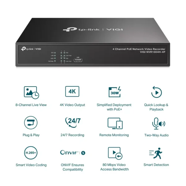 IP видеорекордер TP-Link VIGI NVR1004H-4P, 4 канала, H.265+/H.265/H.264+/H.264, 1x SATA III (до 10TB), 2x USB 2.0, 1x HDMI, 1x VGA, 1x LAN 10/100Mbps