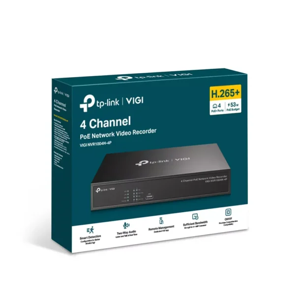 IP видеорекордер TP-Link VIGI NVR1004H-4P, 4 канала, H.265+/H.265/H.264+/H.264, 1x SATA III (до 10TB), 2x USB 2.0, 1x HDMI, 1x VGA, 1x LAN 10/100Mbps