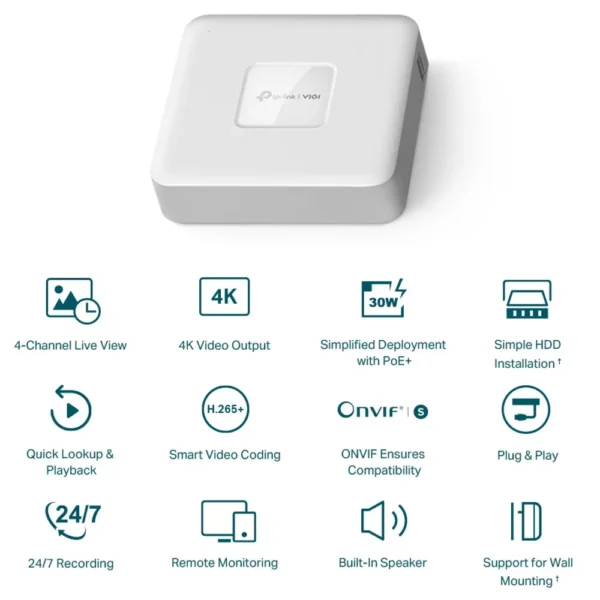 IP видеорекордер TP-Link VIGI NVR1104H-4P, 4 канала, 1x SATA до 10TB, 2x USB 2.0, 1x RJ-45 100Mbps